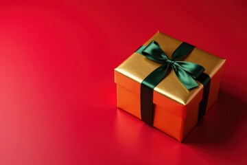 A golden gift box with a dark green ribbon bow rests on a vibrant red background, suggesting a celebratory occasion