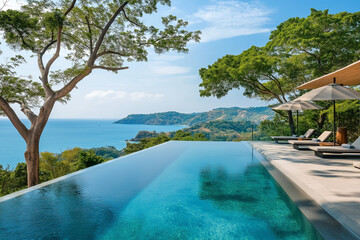 Fototapeta premium Nature, landscape, relaxation, blue horizon, where the clear sky merges with the turquoise sea. An escape to the sea, with a pristine coastline.