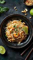Delicious Shrimp Pad Thai with Peanuts and Lime on Dark Background