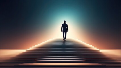 A man in formal attire is ascending a set of wide