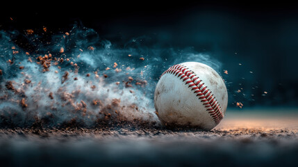 baseball rolling on ground, creating dust and smoke in motion