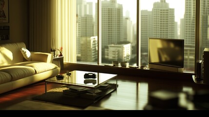 Sunlit apartment living room, city view, relaxation