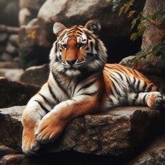 Fototapeta premium tiger lying down on a rock, positioned centrally in the frame. 