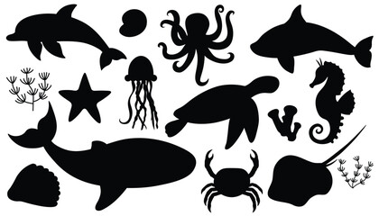 Cartoon black silhouettes of sea animals. Ocean fauna collection isolated on white background. Whale and turtle, seahorse and shells, octopuse and crab.