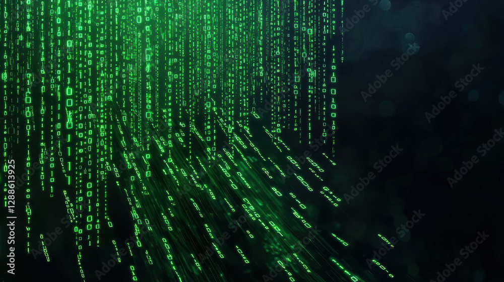 Poster cascading green binary code on dark background creates digital atmosphere