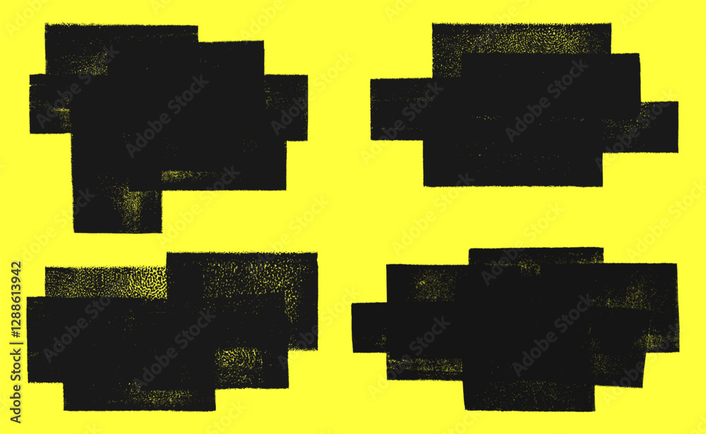 Poster linocut, relief block printing layered rectangles grungy textures vector set. artistic geometric com
