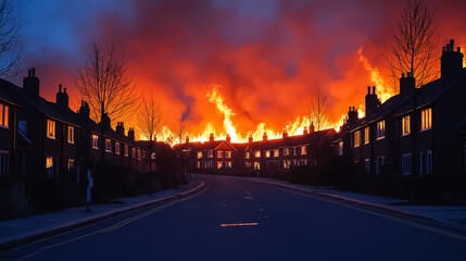 Obraz premium A street lined with burning houses, glowing orange against the deep blue of the evening sky