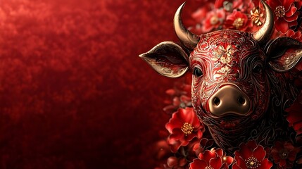 chinese new year decorations chinese new year card - ox cow zodiac gold border line and abstract flower texture (china mean Wishing you prosperity in the new year)