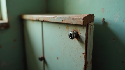 Close-up view of a weathered, teal painted wooden cabinet with visible rust and screw details