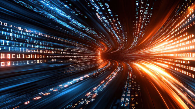 Abstract design featuring binary code stream in dark background, creating sense of speed and technology