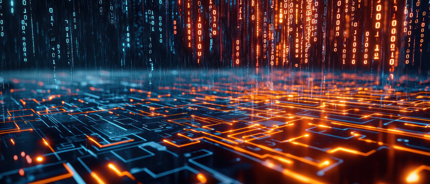 Cascading binary code rain over glowing circuit board, creating futuristic atmosphere