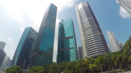 Fototapeta premium Singapore skyscrapers, low angle view, city park, sunny day, urban landscape