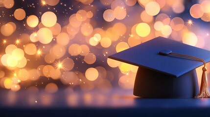 A graduation cap with a tassel sits against a blurred background of shimmering bokeh lights, symbolizing achievement and celebration. goal of life achievement learning. success,