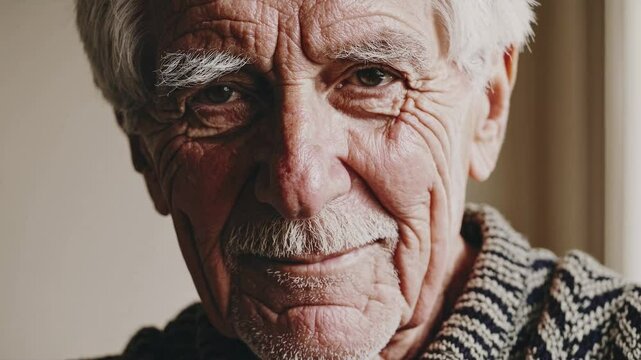 Close-up video portrait of an elderly man with a thoughtful expression. Captured at eye level, highlighting facial details and texture in natural light.