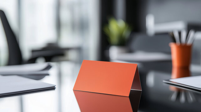 vibrant orange business card reflecting in modern office setting, showcasing professionalism and creativity