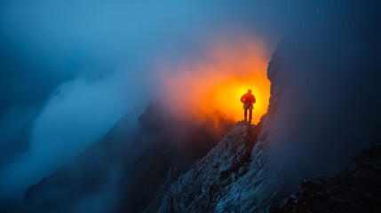 Fototapeta premium Climber Silhouette: Alpine Ascent Amidst Dawn's Fiery Haze