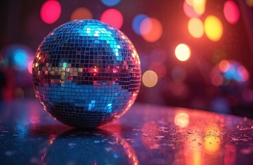 Festive disco ball reflects colorful lights on shiny surface creating vibrant party atmosphere. Mirror sphere illuminated by red, blue lamps shines at event. Night club party concept, fun,