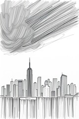 Fototapeta premium City skyline coloring page and line art drawing showcasing modern architecture under a cloudy sky at dusk