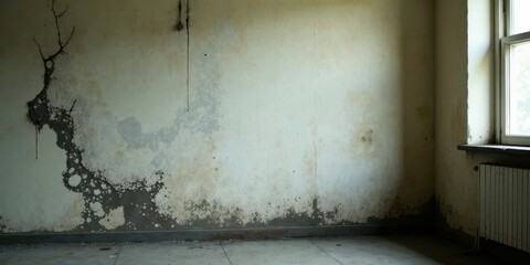 A Room's Weathered Wall, Showing Signs of Decay and Age, Featuring a Window and Radiator