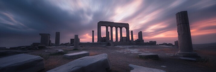 Ancient ruined temple at sunset with dramatic skies and pillars in a mystical landscape