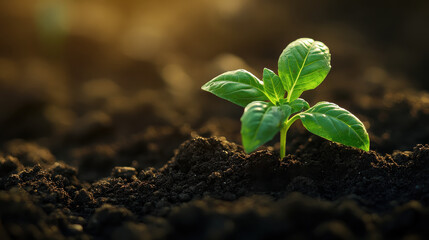 A cinematic photograph of a single basil sprout emerging from rich, dark soil, captured in golden-hour lighting
