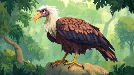 Obraz premium Majestic eagle poised for flight amidst a verdant forest; wings unfurled, eyes piercing, in serene yet dynamic stillness