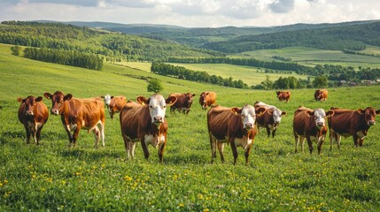 Fototapeta premium Cattle Grazing in Lush Green Pasture with Rolling Hills Background