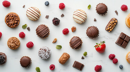 variety of exquisite desserts, including chocolates and pastries, are artfully arranged on white marble background, surrounded by fresh berries and mint leaves