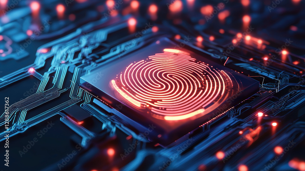 Poster digital fingerprint with glowing lines on circuit board background, symbolizing security and technol