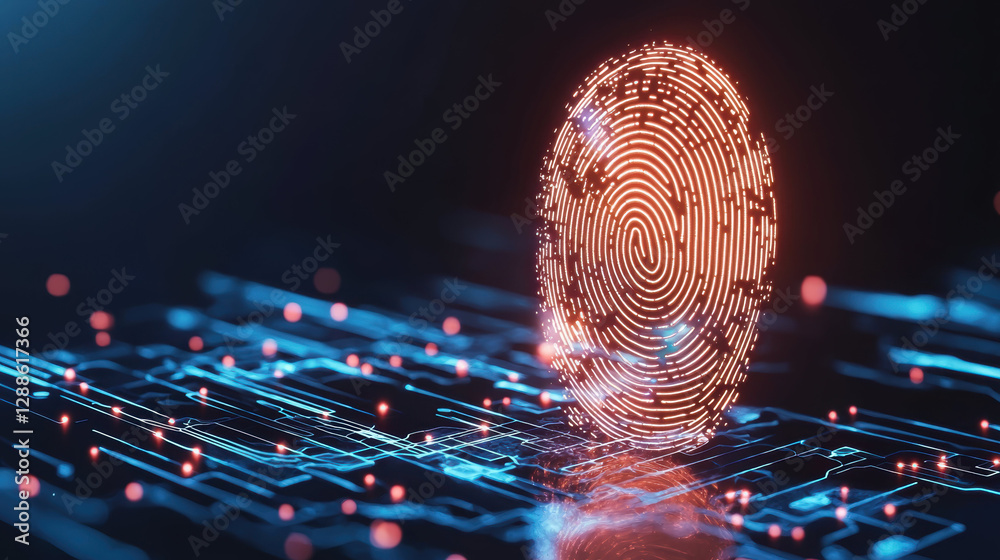 Poster digital fingerprint glowing with lines on circuit board background, symbolizing security and technol