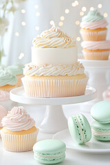 Elegant pastel dessert table with a tiered cupcake cake, frosted cupcakes, and mint green macarons, beautifully arranged on white cake stands with soft fairy lights in the background