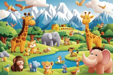 Adorable Cartoon Animals in a Lush Green Landscape with Mountains Perfect for Children s Books Wallpaper or Prints