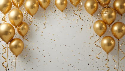 Elegant gold foil balloons with confetti and festive ribbon on white background - 3d realistic illustration for anniversary celebrations, birthday parties, sales promotions, and event decorations