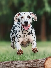 A playful Dalmatian dog leaps joyfully over a log, showcasing its energetic spirit against a lush, green background.