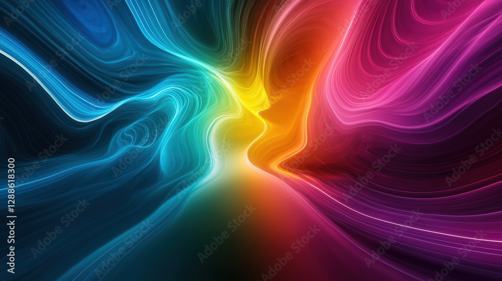 Poster vibrant abstract waves of color blend together, creating dynamic visual experience. flowing patterns