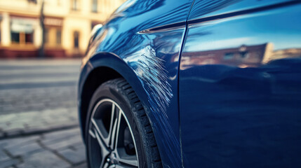 Fototapeta premium Close-up of a blue car with visible scratches on the side panel, highlighting damage to the vehicle's paintwork, parked on a cobblestone street.