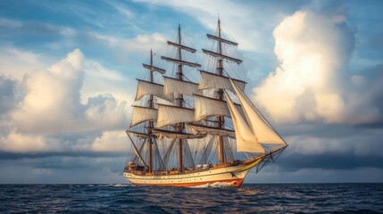 Obraz premium Tall Ship Sailing: Open Sea Billowing Sails Cloudscape