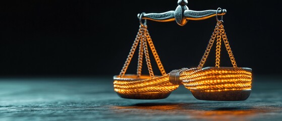 Scales of justice illuminated by glowing mandates, representing the balance between law and limited freedoms