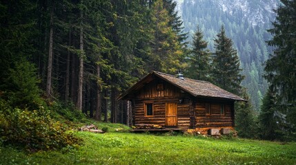 Rustic Wooden Cabin Surrounded by Lush Forest and Mountain Scenery