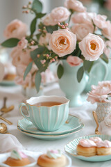 Fototapeta premium Elegant tea party setting with a pastel mint teacup, delicate floral arrangements, gold accents, and beautifully decorated pastries, creating a charming and romantic ambiance