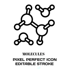 Molecules symbol, featuring an editable stroke outline icon isolated on white background flat vector illustration. Pixel perfect
