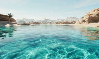Obraz premium Desert oasis with clear blue water, mountains, and palm trees