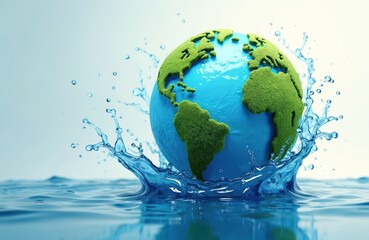 World Water Day concept. Globe with continents in blue ocean water with splash. Ecology, environment protection, climate control. Saving water and Earth Day and Environment Day banner.
