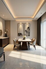 Fototapeta premium Elegant Dining Room with Modern Minimalist Decor and Natural Light Streaming Through Sheer Curtains