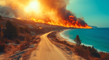 Fototapeta premium a winding road along the sea and a town on the hills covered in flames on a bright sunny day