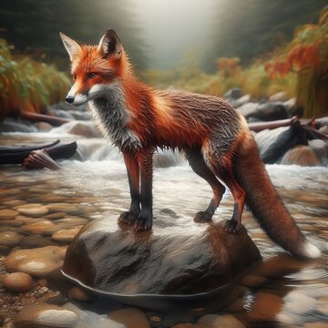  red fox standing on a submerged rock in a river or lake