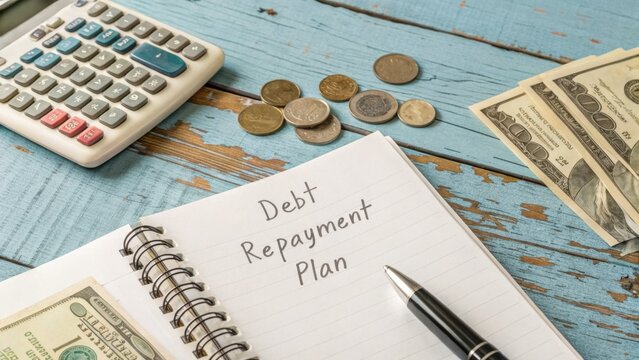 Debt Repayment Plan: A detailed overhead shot of a debt repayment plan on a notebook, surrounded by money, coins, and a calculator on a blue wooden surface.