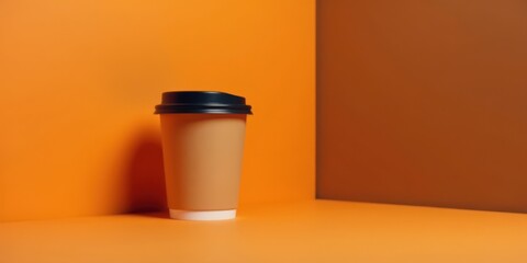 A Single Disposable Coffee Cup Rests in a Corner Formed by Two Walls of Contrasting Warm Hues