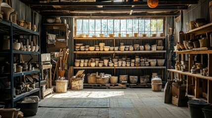 Cozy Artisan Workshop with Shelves of Handmade Pottery and Tools