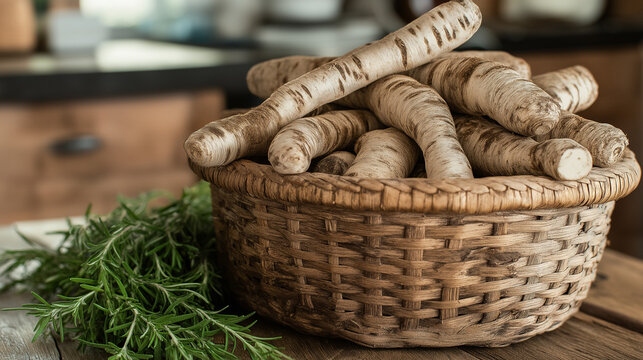 Large Tarul roots stacked in woven basket on rustic wooden kitchen counter. Rich brown textures contrast with light wood tones, fresh rosemary sprigs add a green accent to the earthy scene.